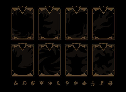 Fantasy card frame template featuring ornate dark borders, decorative corners, elemental symbols, and multiple card layouts for RPG games, trading card games, collectible cards, and fantasy UI.