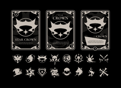 Fantasy trading card template with ornate frames, character emblems, fantasy symbols, typography layouts, and collectible card designs for RPG, TCG, game UI, and mystical projects.