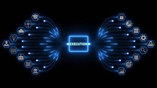 Execution concept with connected icons and glowing blue pathways illustrating coordinated business operations on a sleek dark digital background