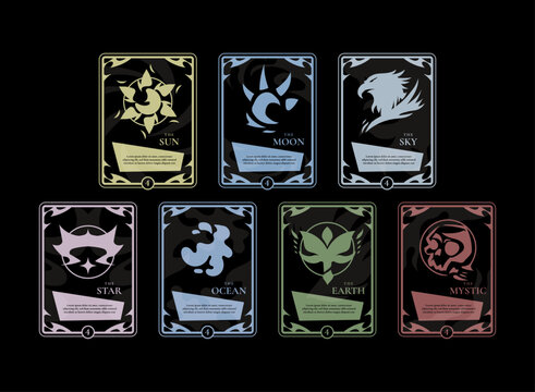 Mystical fantasy tarot card template featuring sun, moon, sky, star, ocean, earth, and mystical themed cards with ornate frames and colorful elemental designs for RPG and TCG projects.