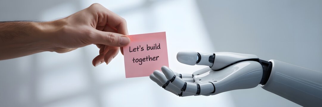 Human hand offering a constructive message sticky note to a sleek robotic hand for joint building