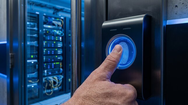 Fingerprint biometric scanner for secure server room access control and data protection.