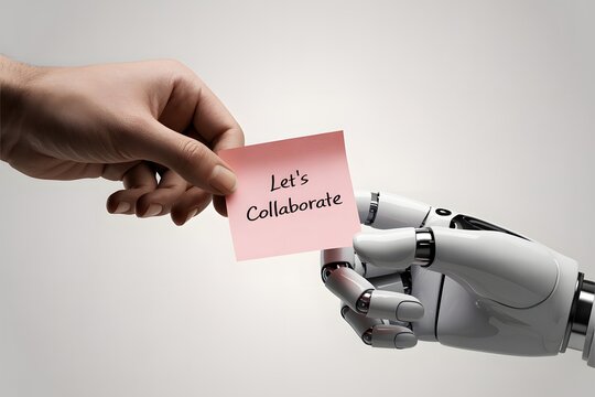 Human Hand Offering Pink Sticky Note with Lets Collaborate Message to Advanced Robotic Palm