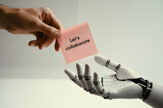Human Hand Presents Pink Sticky Note with Lets Collaborate to Sleek White Robotic Hand