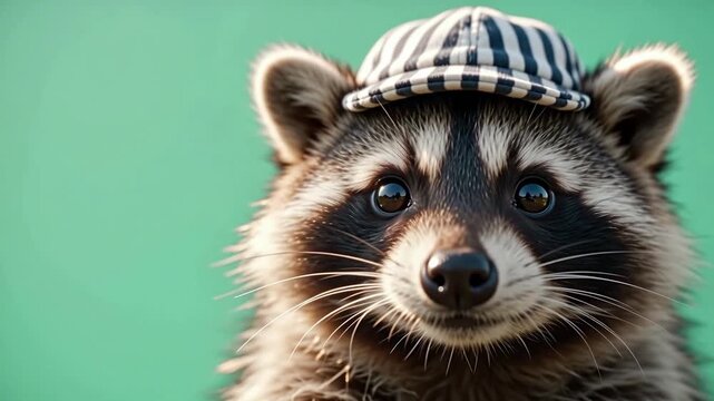 Chimney-sweep raccoon s portrait in a tiny striped cap round eye