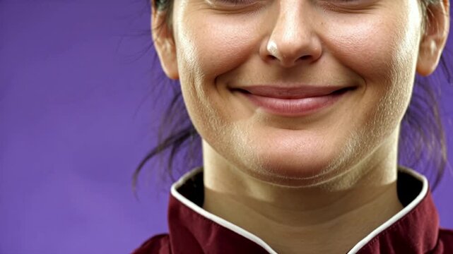 Chocolatier s portrait in a burgundy work smock collar eyes close