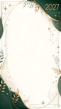 Elegant 2027 new year greeting card template with gold leaves and stars