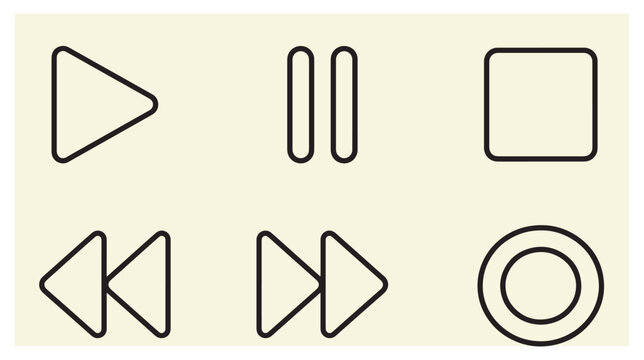 Collection of linear media playback control icons with video player play icon pause icon stop icon rewind icon fast forward record button UI elements user interface
