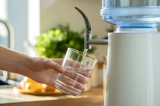 Person fills glass with fresh pure drinking water from modern office cooler dispenser