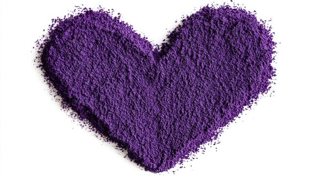 Purple heart shape created with textured purple powder on a pure white background, emphasizing organic edges and a clean minimalistic design for artistic expression