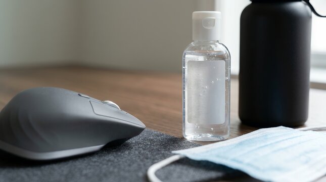 Hand sanitizer and face mask on office desk for flu season health and workplace safety