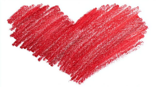 Hand drawn red heart shape illustration with rough crayon texture on a pure white background, symbolizing love and care in a minimalistic design