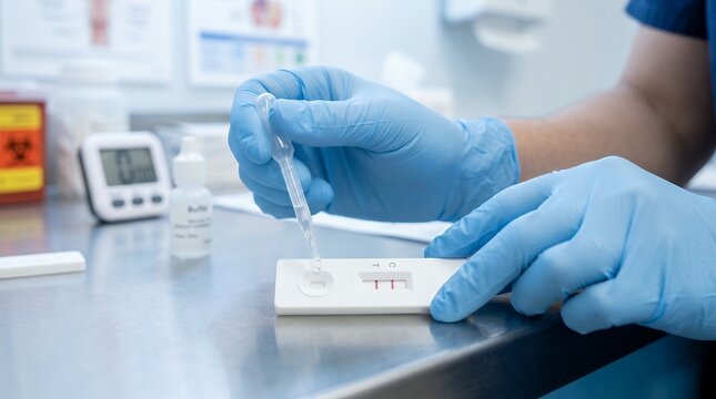 Medical professional performing a rapid influenza antigen test in a clinical laboratory setting.