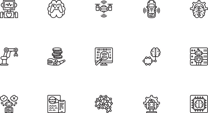 AI Data Processing and Servers icon. Outline vector set featuring artificial intelligence brains, autonomous vehicles, flying drones, and secure server databases