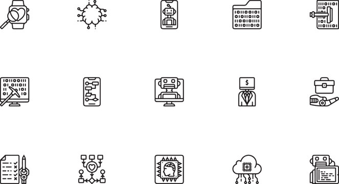 Smart Devices and Digital Data icon. Outline vector set depicting computer microchips, smart watches, secure server folders, mobile phones, and cloud databases