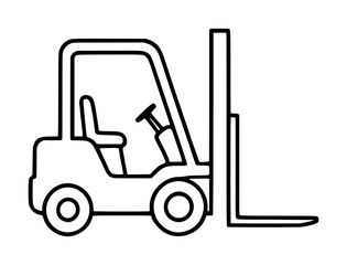 Fototapeta premium Industrial forklift vector icon illustration featuring a minimalist black line art design for warehouse logistics, shipping services, heavy machinery transport, and construction site projects.