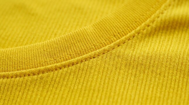 Close-up of bright yellow sportswear fabric showing ribbed knit texture of football jersey with stitched seam detail and breathable mesh weave pattern for athletic apparel design