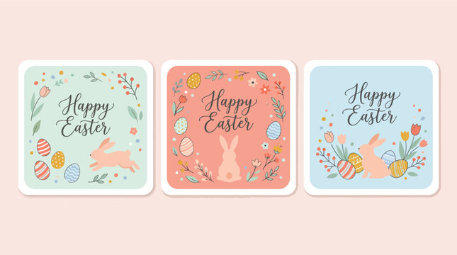 Happy Easter greeting card set with cute rabbits Easter eggs and spring flowers vector illustration