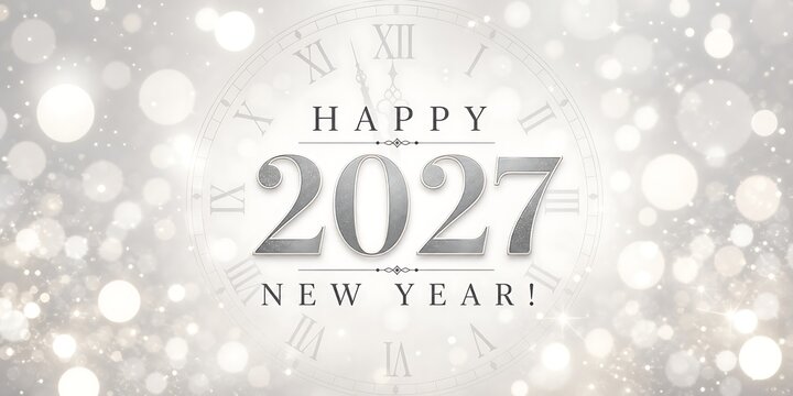 Happy 2027 new year celebration with silver clock and bokeh lights