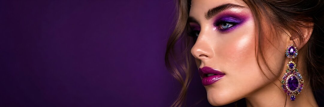 Beautiful woman with purple makeup and luxury earrings