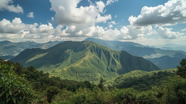 Green mountain ranges roll under a bright blue sky filled with fluffy white cumulus clouds on a sunny day.