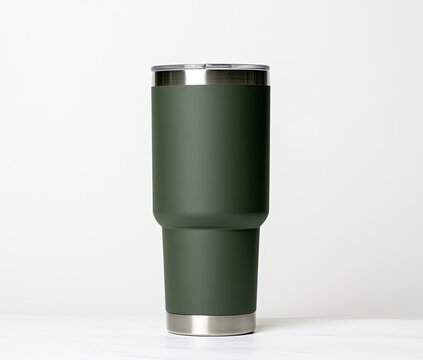 Tall, insulated, dark green tumbler with silver lid and base