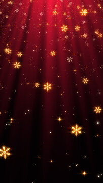 Red Christmas Snowflakes with Light Rays and Glitter Stars ,Golden Falling Snow Background for Winter Holiday Celebration and Sale Videos,vertical social media background