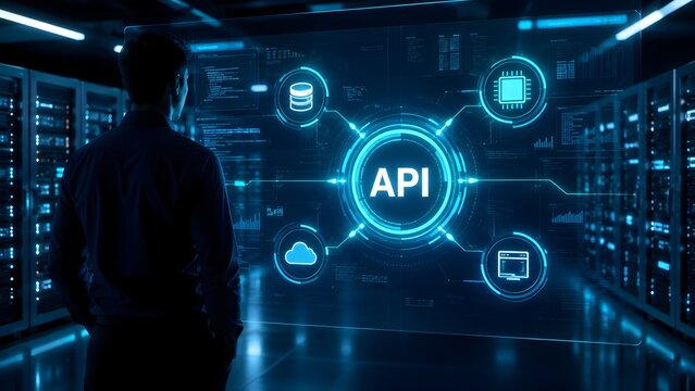 A professional developer observes a futuristic digital interface displaying API integration concepts within a secure, high-tech data server room environment.