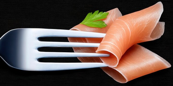 A delicate salmon slice, garnished with parsley, rests elegantly on a fork against a dark background