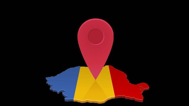 Animated location pin mark on Romania map representing travel destination, navigation, geotargeting, and tourism. Chroma key green screen with alpha channel. (loopable)