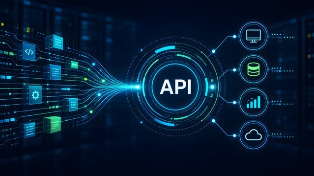 API (Application Programming Interface) orchestrating data flow and connectivity across diverse digital services, enabling seamless software development and cloud integration.