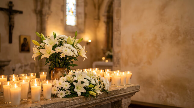 White lilies and candles arranged on an altar in a church.