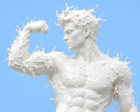 Muscular man figure made of splashing white milk against blue background