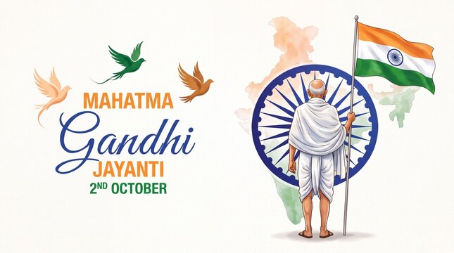 Mahatma Gandhi With Indian Flag and Ashoka Chakra for Gandhi Jayanti Greeting Banner Design