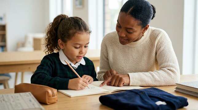 Black female teacher helping young girl with writing in classroom. Smiling African American tutor guiding child with handwriting in notebook