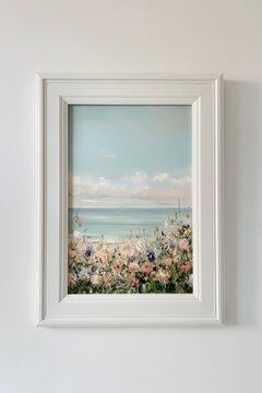 Coastal landscape painting depicting a serene beach with blooming flowers in the foreground, creating a tranquil and artistic scene