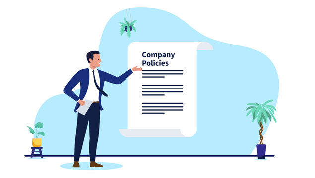 Businessman presenting company policies on a large scroll document in modern office interior, concept for compliance, workplace rules, guidelines and terms, flat design vector illustration