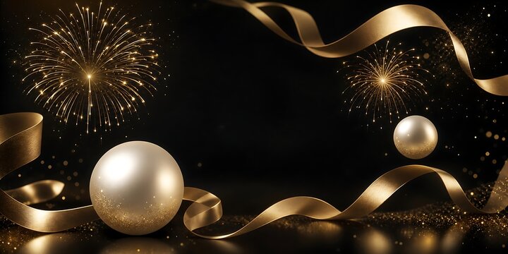 Elegant gold ribbons and pearl ornaments with festive fireworks background