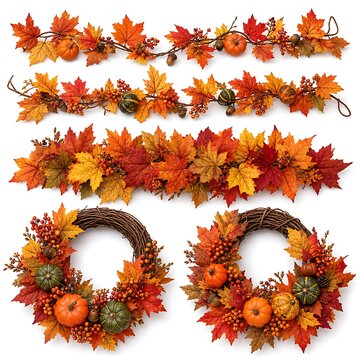 Autumn harvest garlands and wreaths with pumpkins and maple leaves