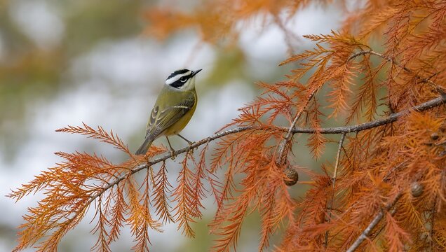 Goldencheeked warbler perched on a branch with orange autumn foliage