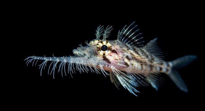 Dragonfish underwater with delicate barbels in dark studio lighting highlighting intricate details