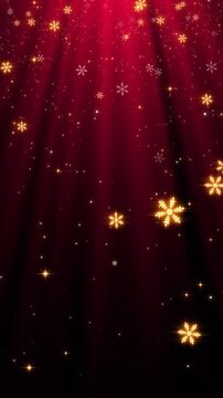 Red Christmas Snowflakes with Light Rays and Glitter Stars Animation,Golden Falling Snow Background for Winter Holiday Celebration and Sale Videos,vertical social media motion background
