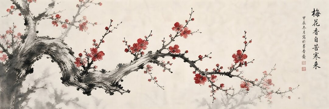 Traditional chinese ink wash painting of red plum blossoms