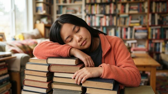 Tired East Asian teenage girl sleeping on a stack of books. Exhausted student napping in a library. Concept of academic stress and study fatigue