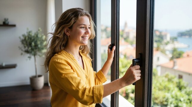 Smiling young woman opening a window to a scenic coastal view. Happy teenage girl letting fresh air into her room. Travel and healthy lifestyle concept