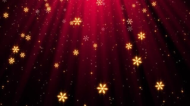 Red Christmas Snowflakes with Light Rays and Glitter Stars Animation,Golden Falling Snow Background for Winter Holiday Celebration and Sale Videos,social media motion background
