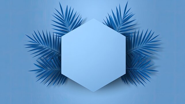 Soft blue hexagon framed by dark blue palm leaves on a muted blue background