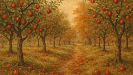 Fototapeta premium Orchard path with autumn apples desktop wallpaper