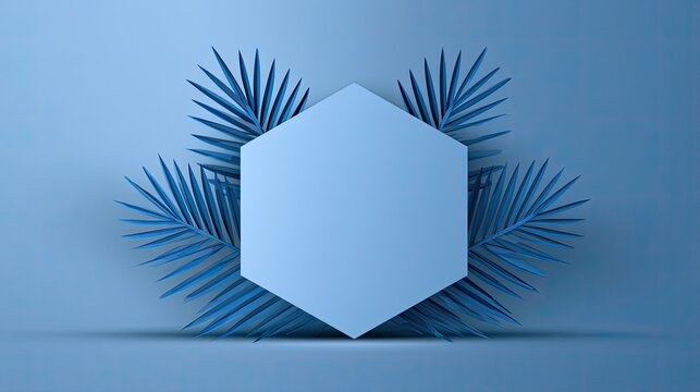 Minimalist blue hexagon frame with radiating tropical palm fronds