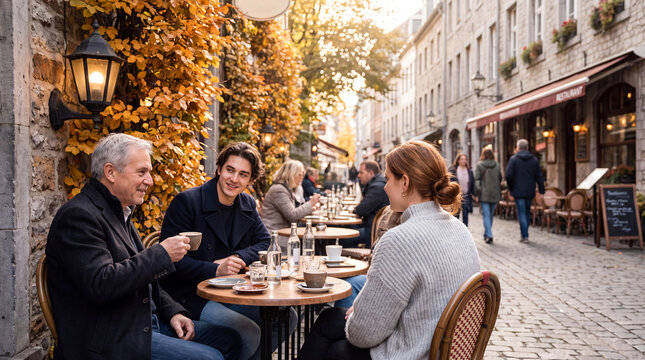 Group of friends enjoying coffee at outdoor cafe in a charming cobblestone street with autumn leaves and historic buildings in the background